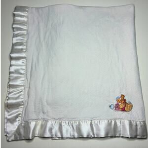 Disney Winnie The Pooh Baby Blanket White Cream Satin Trim Piglet Tigger - READ